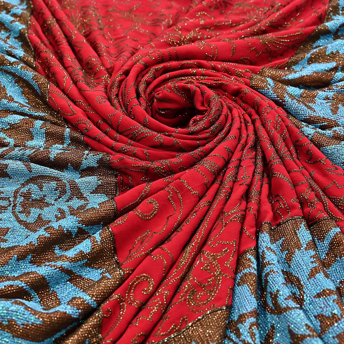 Indian Pre-owned Heavy Sari Red Pure Georgette Silk Hand Embroidered Sarees Designer Abu Jani 6Yd Sewing Ethnic Sarees