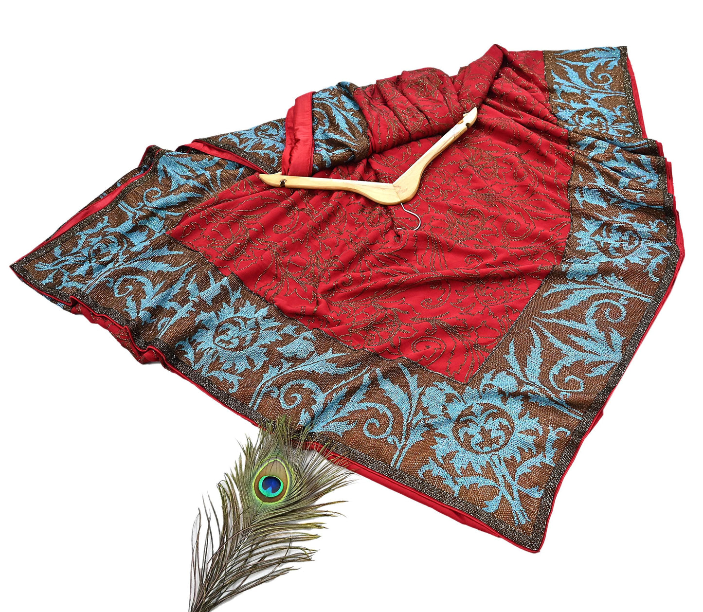 Indian Pre-owned Heavy Sari Red Pure Georgette Silk Hand Embroidered Sarees Designer Abu Jani 6Yd Sewing Ethnic Sarees