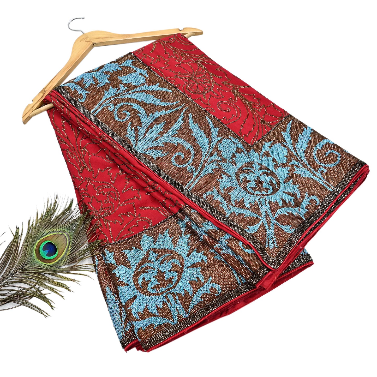 Indian Pre-owned Heavy Sari Red Pure Georgette Silk Hand Embroidered Sarees Designer Abu Jani 6Yd Sewing Ethnic Sarees