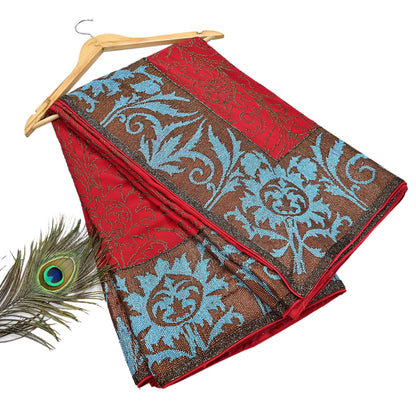 Indian Pre-owned Heavy Sari Red Pure Georgette Silk Hand Embroidered Sarees Designer Abu Jani 6Yd Sewing Ethnic Sarees