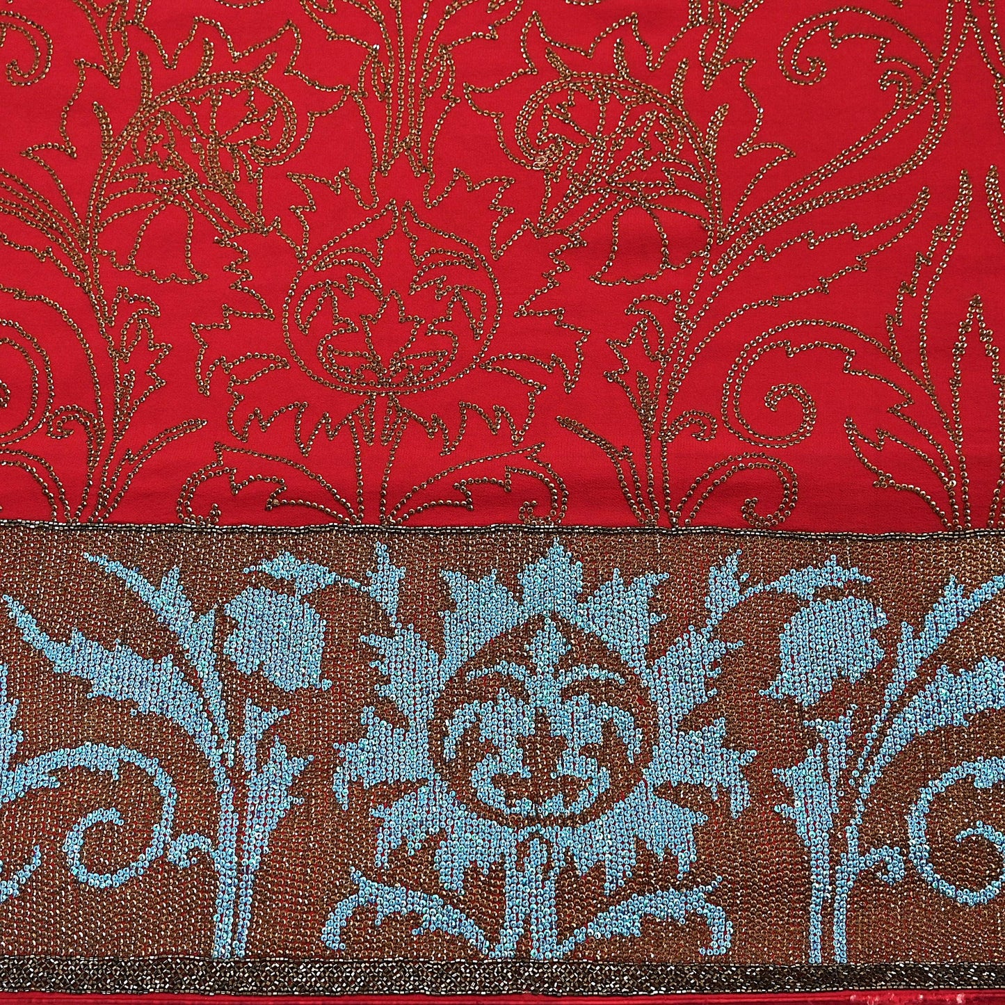 Indian Pre-owned Heavy Sari Red Pure Georgette Silk Hand Embroidered Sarees Designer Abu Jani 6Yd Sewing Ethnic Sarees