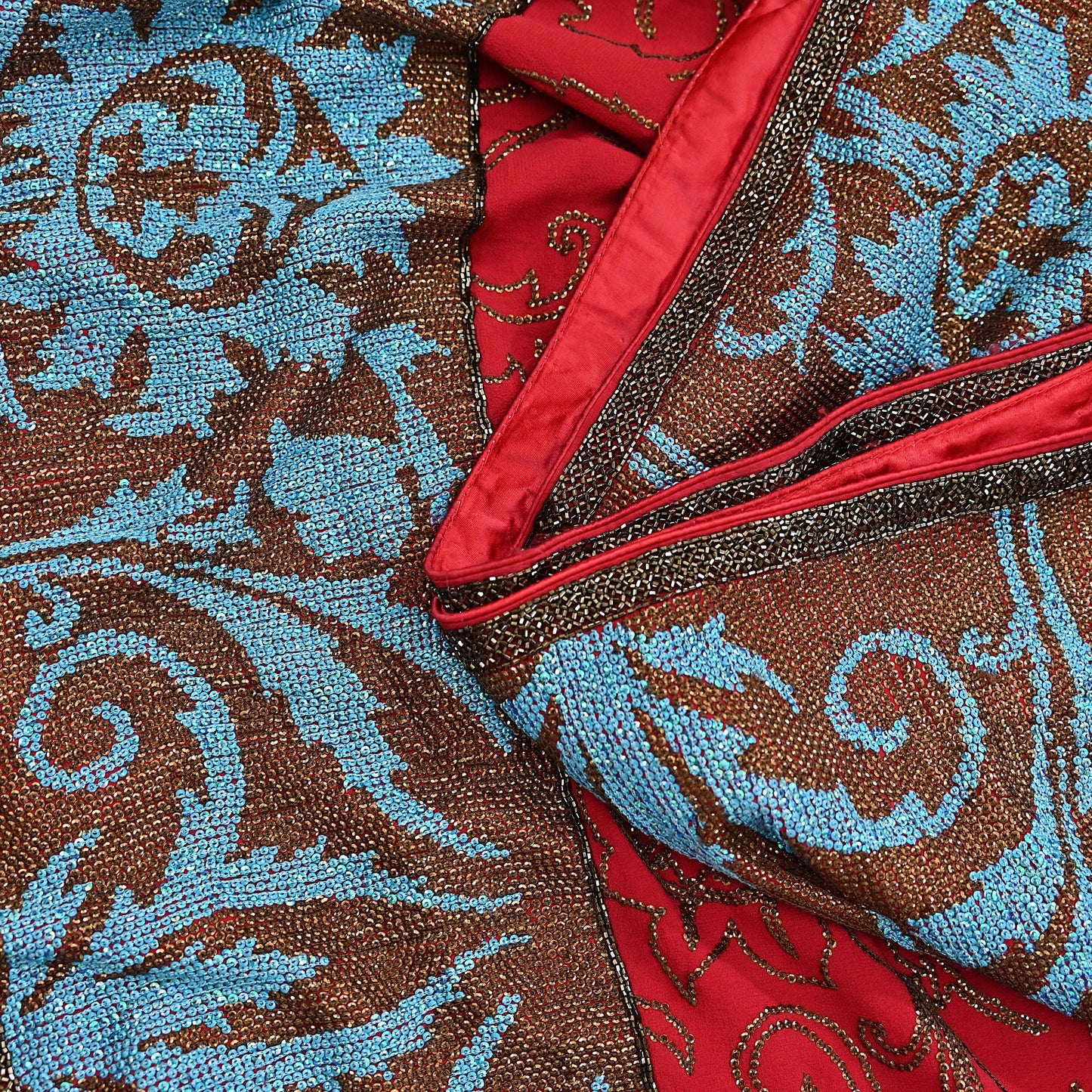 Indian Pre-owned Heavy Sari Red Pure Georgette Silk Hand Embroidered Sarees Designer Abu Jani 6Yd Sewing Ethnic Sarees