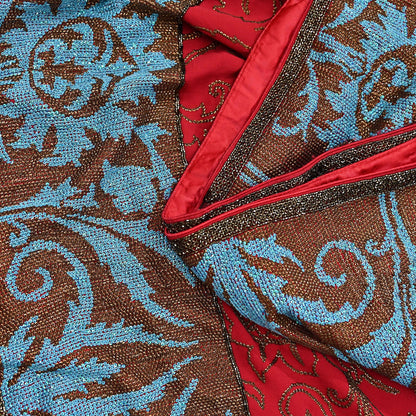 Indian Pre-owned Heavy Sari Red Pure Georgette Silk Hand Embroidered Sarees Designer Abu Jani 6Yd Sewing Ethnic Sarees