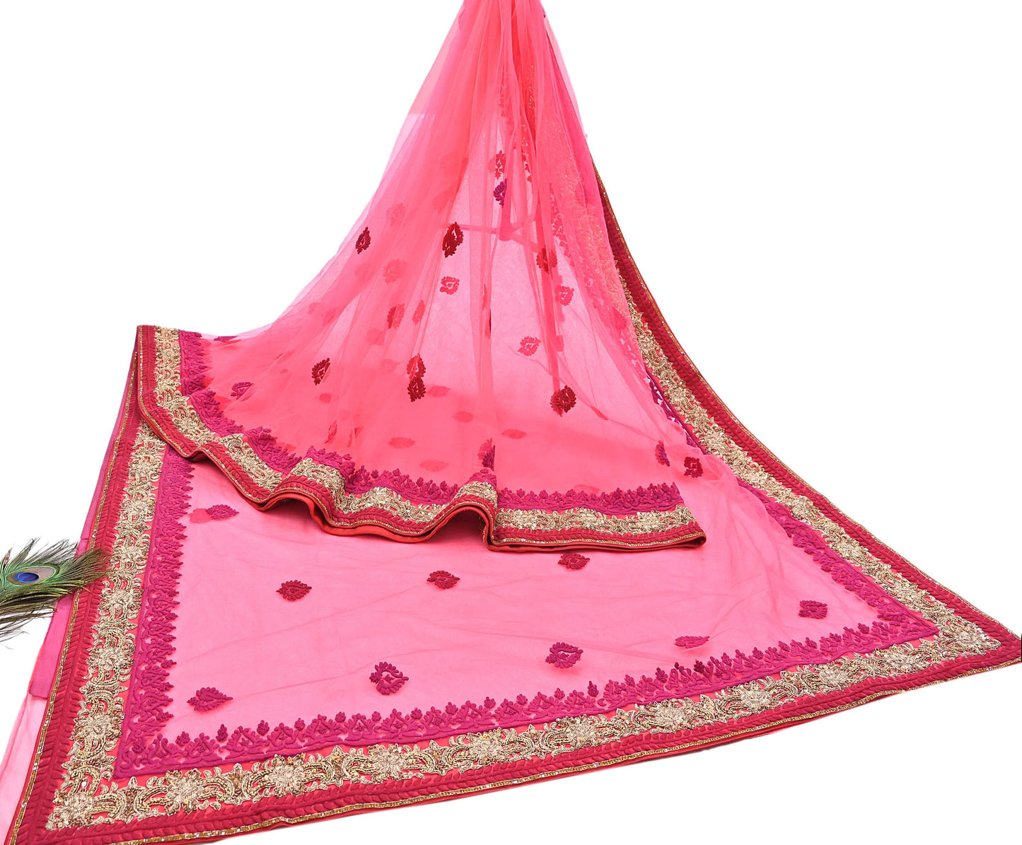 Indian Pre-owned Saree Pink Mesh/Net Hand Embroidered Sabyasachi Designer Sari 6Yd Soft Ethnic Bollywood Party saree