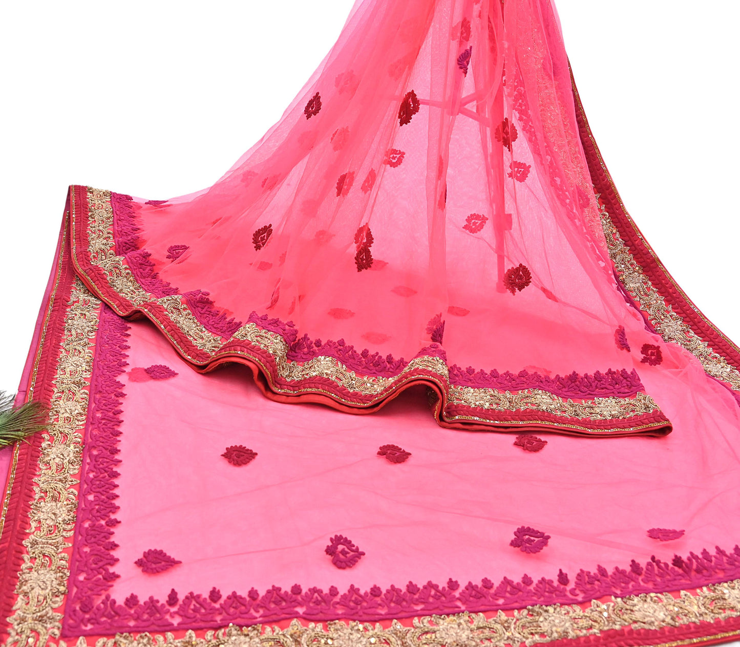 Indian Pre-owned Saree Pink Mesh/Net Hand Embroidered Sabyasachi Designer Sari 6Yd Soft Ethnic Bollywood Party saree