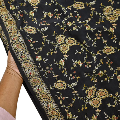 Indian Vintage Black Saree Pure Crepe Silk Hand Embroidered aari work Sari Craft Fabric 6Yd Sewing Soft Zari Dress making