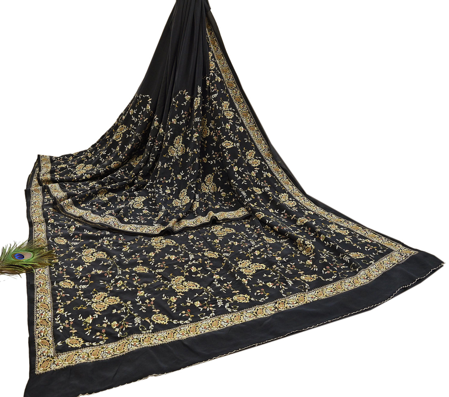 Indian Vintage Black Saree Pure Crepe Silk Hand Embroidered aari work Sari Craft Fabric 6Yd Sewing Soft Zari Dress making