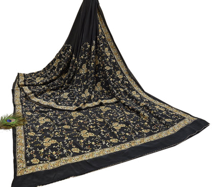 Indian Vintage Black Saree Pure Crepe Silk Hand Embroidered aari work Sari Craft Fabric 6Yd Sewing Soft Zari Dress making