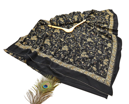 Indian Vintage Black Saree Pure Crepe Silk Hand Embroidered aari work Sari Craft Fabric 6Yd Sewing Soft Zari Dress making