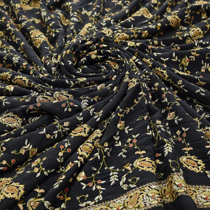 Indian Vintage Black Saree Pure Crepe Silk Hand Embroidered aari work Sari Craft Fabric 6Yd Sewing Soft Zari Dress making
