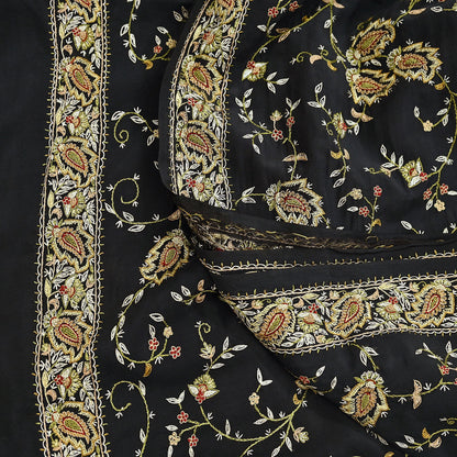 Indian Vintage Black Saree Pure Crepe Silk Hand Embroidered aari work Sari Craft Fabric 6Yd Sewing Soft Zari Dress making