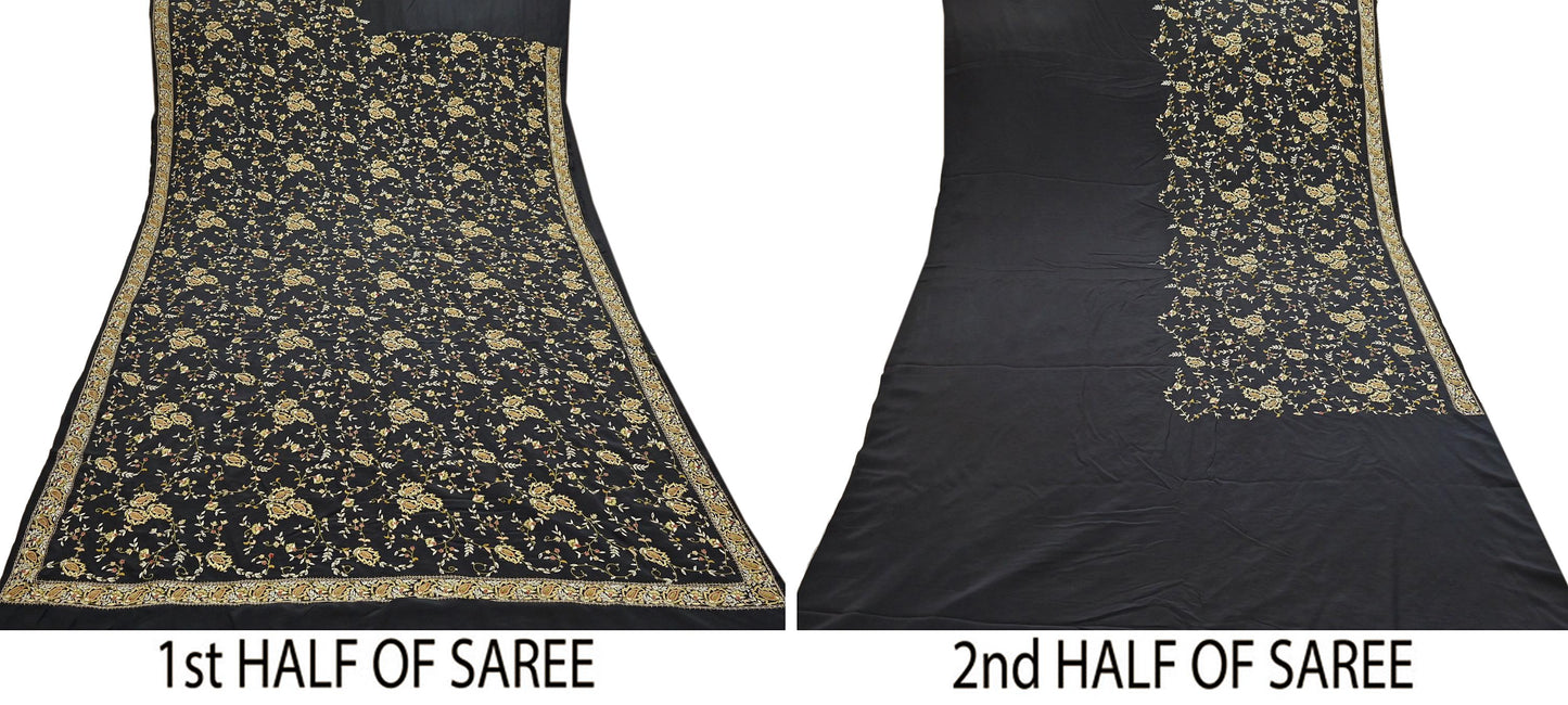 Indian Vintage Black Saree Pure Crepe Silk Hand Embroidered aari work Sari Craft Fabric 6Yd Sewing Soft Zari Dress making