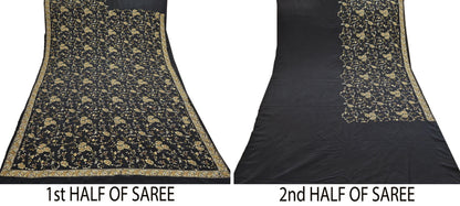 Indian Vintage Black Saree Pure Crepe Silk Hand Embroidered aari work Sari Craft Fabric 6Yd Sewing Soft Zari Dress making