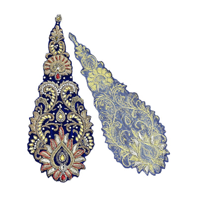 Indian Vintage Blue velvet Appliques  Set of 1 | Hand-Embroidered Floral Patches with Zardozi,Dabka, Zari,for Craft, Journals