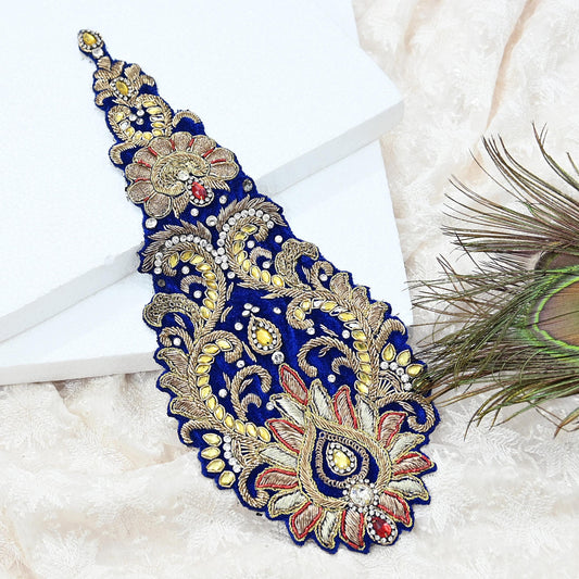 Indian Vintage Blue velvet Appliques  Set of 1 | Hand-Embroidered Floral Patches with Zardozi,Dabka, Zari,for Craft, Journals