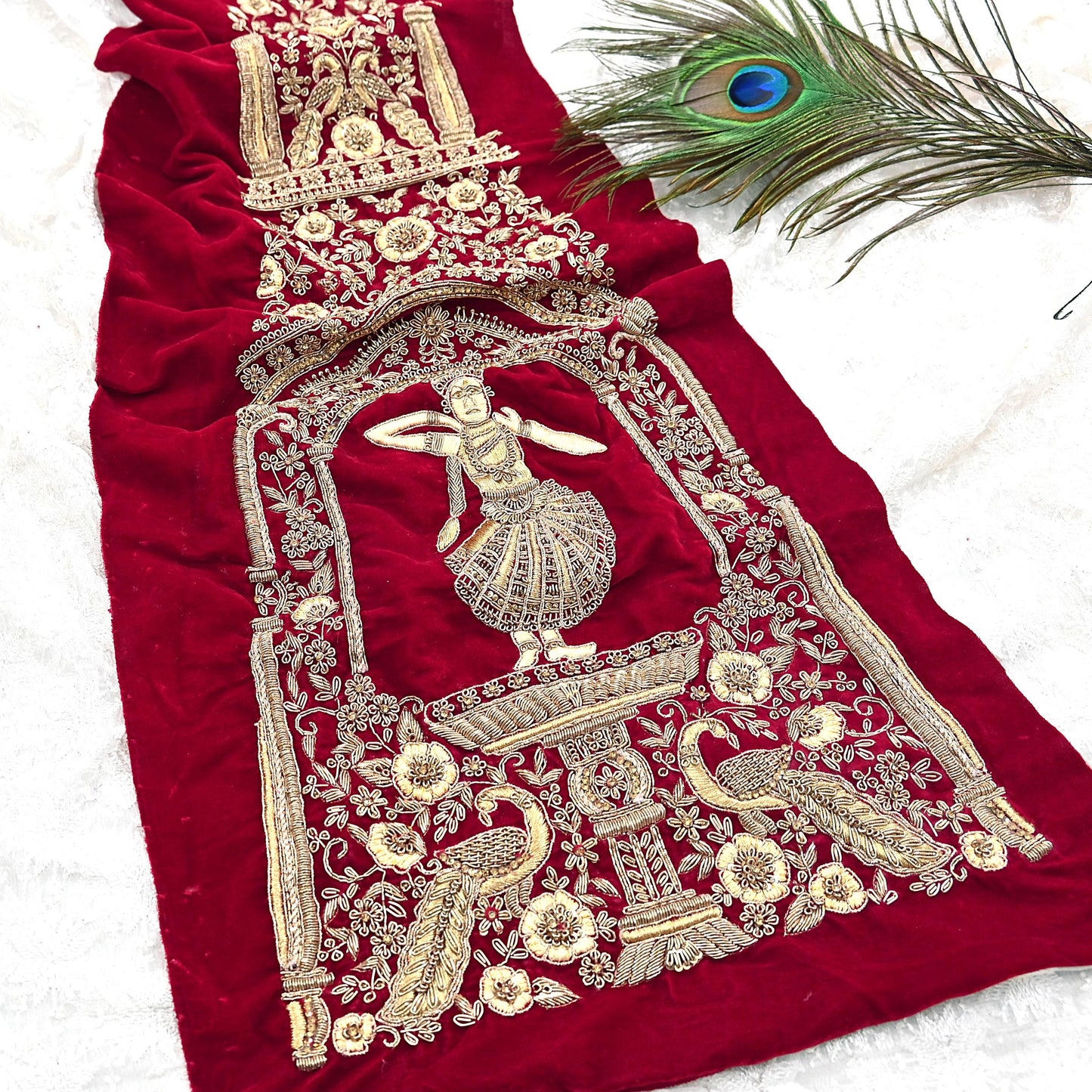 Indian Vintage Red velvet Appliques  Set of 1 Hand-Embroidered Floral Patches with Zardozi,Dabka, Zari,for Craft, Journals