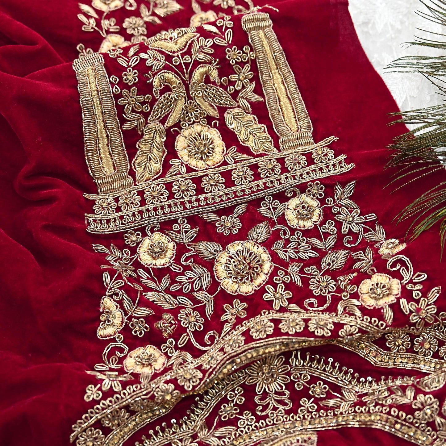 Indian Vintage Red velvet Appliques  Set of 1 Hand-Embroidered Floral Patches with Zardozi,Dabka, Zari,for Craft, Journals