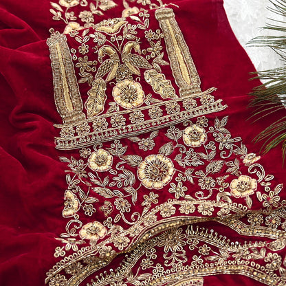 Indian Vintage Red velvet Appliques  Set of 1 Hand-Embroidered Floral Patches with Zardozi,Dabka, Zari,for Craft, Journals
