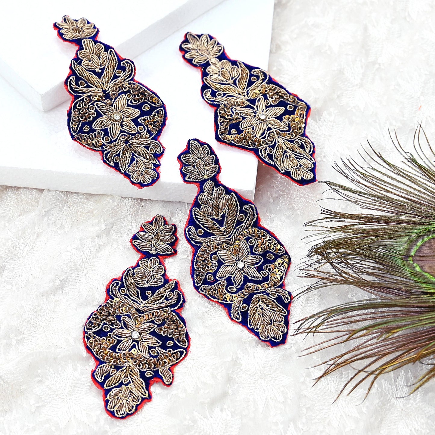 Indian Vintage Blue velvet Appliques  Set of 4 | Hand-Embroidered Floral Patches with Zardozi,Dabka, Zari,for Craft, Journals
