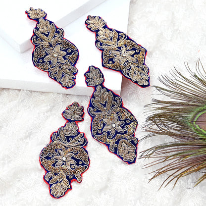 Indian Vintage Blue velvet Appliques  Set of 4 | Hand-Embroidered Floral Patches with Zardozi,Dabka, Zari,for Craft, Journals