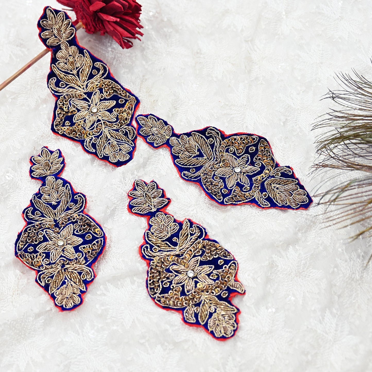 Indian Vintage Blue velvet Appliques  Set of 4 | Hand-Embroidered Floral Patches with Zardozi,Dabka, Zari,for Craft, Journals
