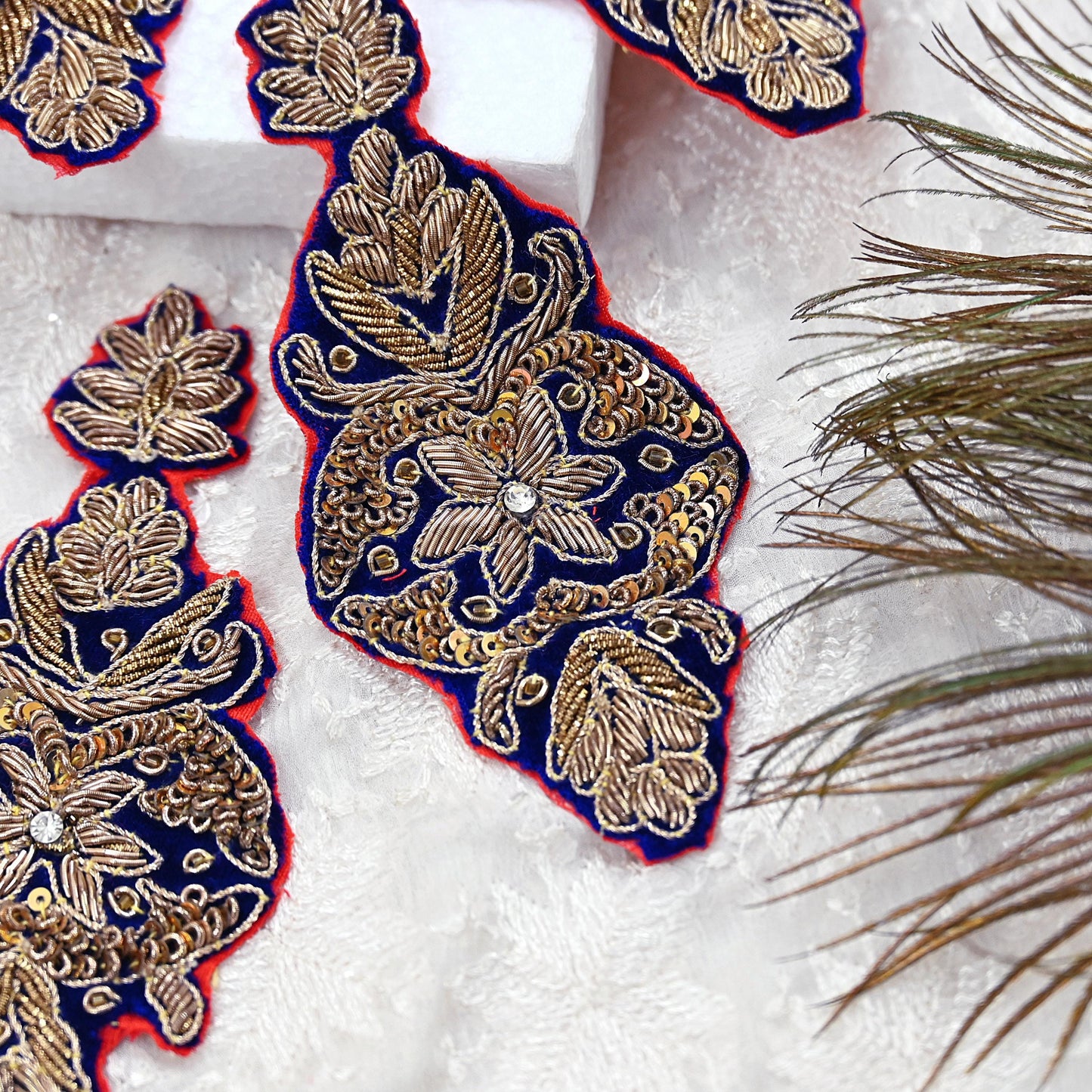 Indian Vintage Blue velvet Appliques  Set of 4 | Hand-Embroidered Floral Patches with Zardozi,Dabka, Zari,for Craft, Journals