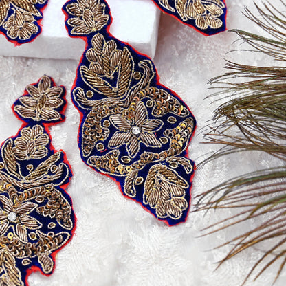 Indian Vintage Blue velvet Appliques  Set of 4 | Hand-Embroidered Floral Patches with Zardozi,Dabka, Zari,for Craft, Journals