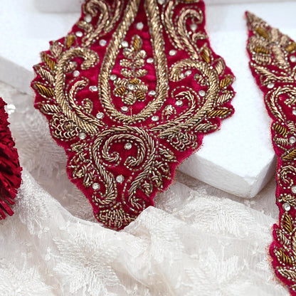 Indian Vintage Pink velvet Appliques  Set of 2 | Hand-Embroidered Floral Patches with Zardozi,Dabka, Zari,for Craft, Journals