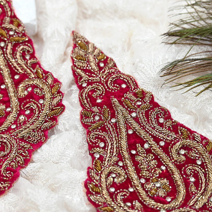 Indian Vintage Pink velvet Appliques  Set of 2 | Hand-Embroidered Floral Patches with Zardozi,Dabka, Zari,for Craft, Journals