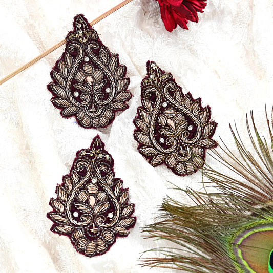 Indian Vintage Maroon velvet Appliques  Set of 3 | Hand-Embroidered Floral Patches with Zardozi,Dabka, Zari,for Craft, Journals