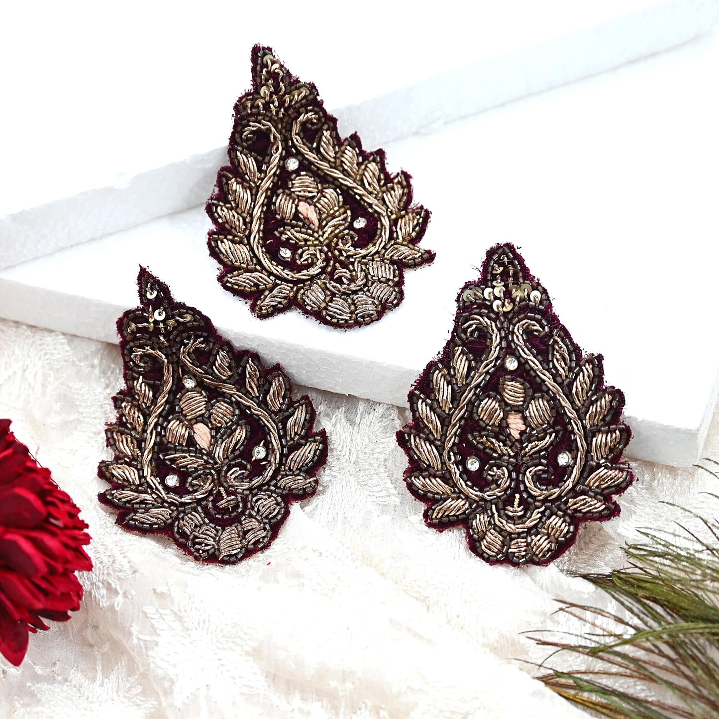 Indian Vintage Maroon velvet Appliques  Set of 3 | Hand-Embroidered Floral Patches with Zardozi,Dabka, Zari,for Craft, Journals