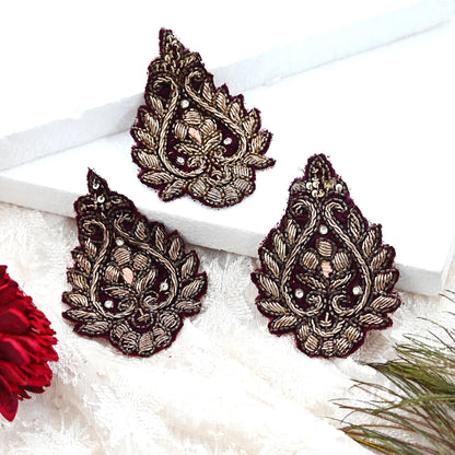 Indian Vintage Maroon velvet Appliques  Set of 3 | Hand-Embroidered Floral Patches with Zardozi,Dabka, Zari,for Craft, Journals