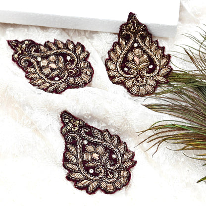 Indian Vintage Maroon velvet Appliques  Set of 3 | Hand-Embroidered Floral Patches with Zardozi,Dabka, Zari,for Craft, Journals