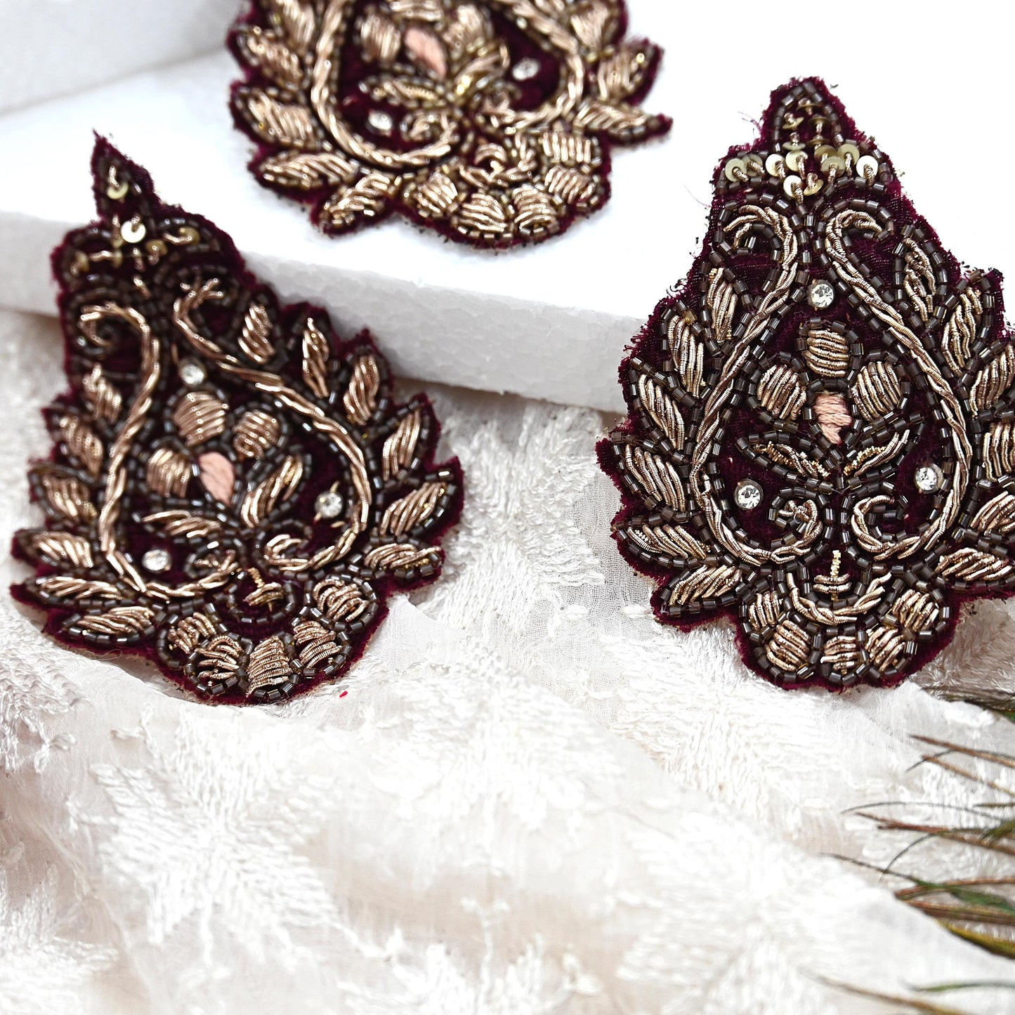 Indian Vintage Maroon velvet Appliques  Set of 3 | Hand-Embroidered Floral Patches with Zardozi,Dabka, Zari,for Craft, Journals