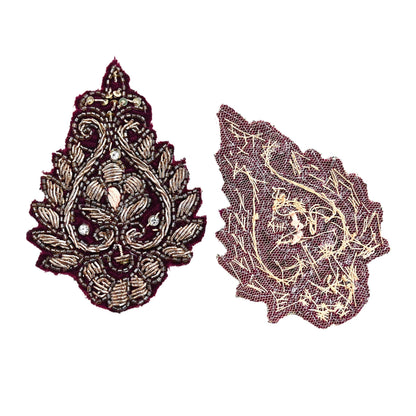 Indian Vintage Maroon velvet Appliques  Set of 3 | Hand-Embroidered Floral Patches with Zardozi,Dabka, Zari,for Craft, Journals