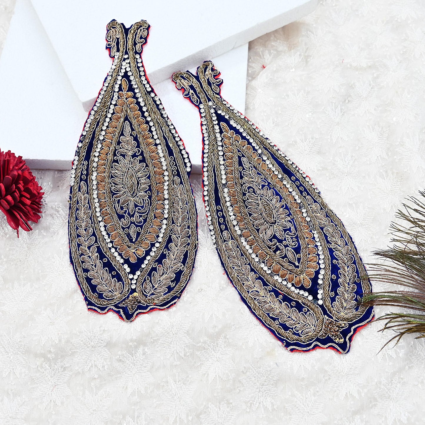 Indian Vintage Blue velvet Appliques  Set of 2 | Hand-Embroidered Floral Patches with Zardozi,Dabka, Zari,for Craft, Journals