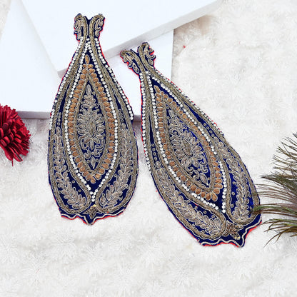 Indian Vintage Blue velvet Appliques  Set of 2 | Hand-Embroidered Floral Patches with Zardozi,Dabka, Zari,for Craft, Journals