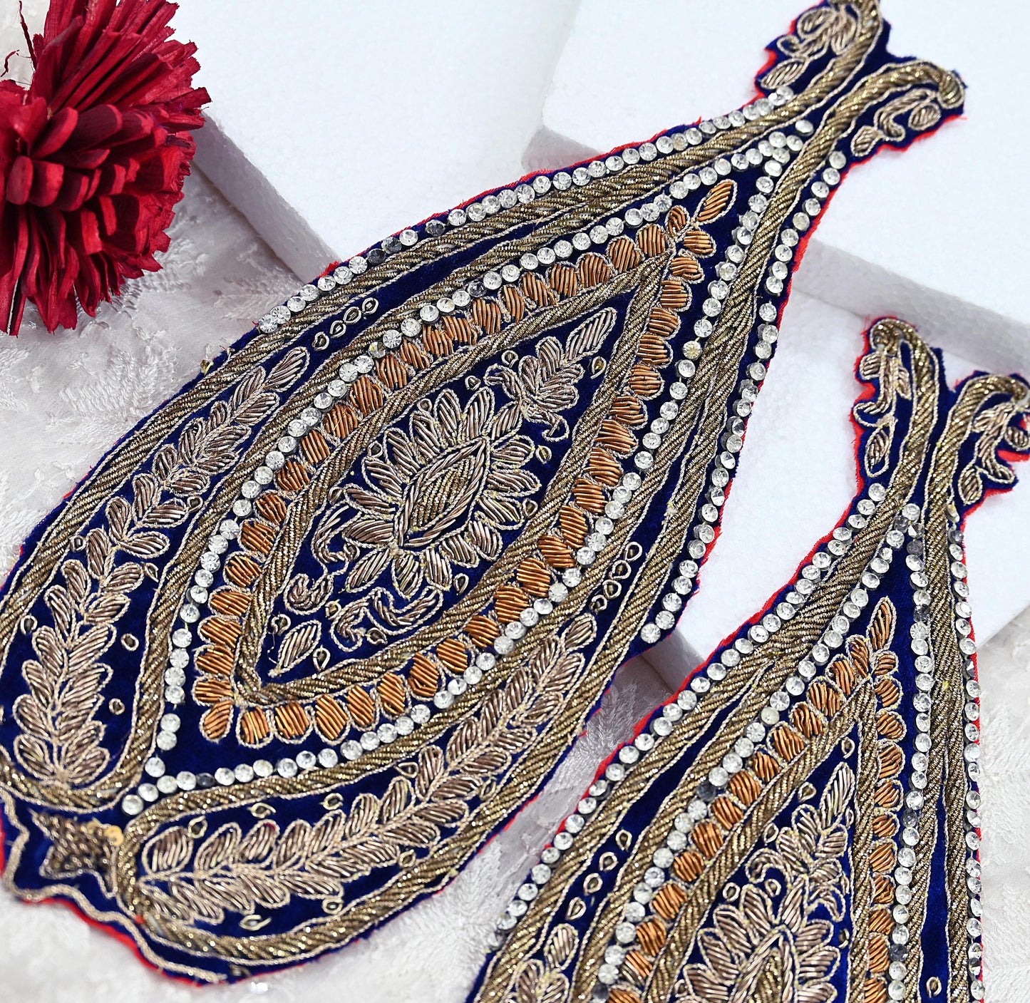 Indian Vintage Blue velvet Appliques  Set of 2 | Hand-Embroidered Floral Patches with Zardozi,Dabka, Zari,for Craft, Journals