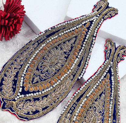 Indian Vintage Blue velvet Appliques  Set of 2 | Hand-Embroidered Floral Patches with Zardozi,Dabka, Zari,for Craft, Journals