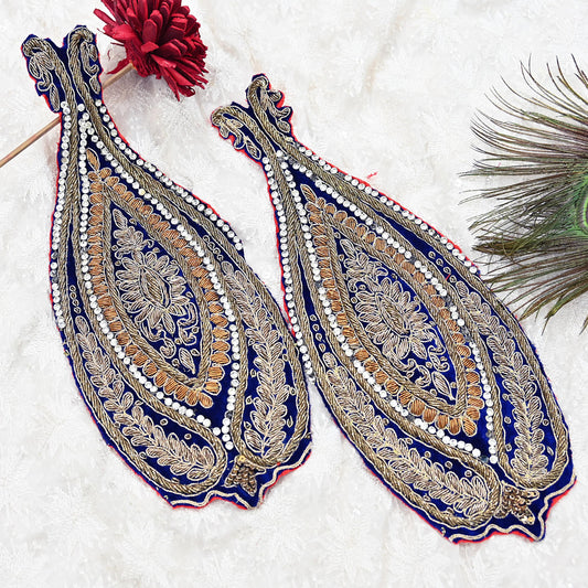Indian Vintage Blue velvet Appliques  Set of 2 | Hand-Embroidered Floral Patches with Zardozi,Dabka, Zari,for Craft, Journals