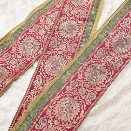 Vintage Banarasi Silk Border Trim 1 Yard Red Gold Zari Woven Ribbon Recycled Saree Craft Fabric Lace for Sewing, Dressmaking & Home Decor