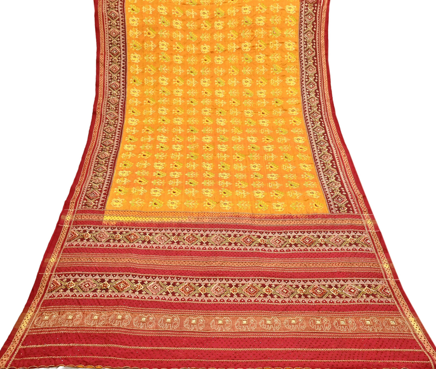Indian Vintage Saffron & Red Pure Silk Saree Hand Embroidered Woven Ikat Patola Sari Fabric 5Yard Craft Ethnic Premium Saree Zari