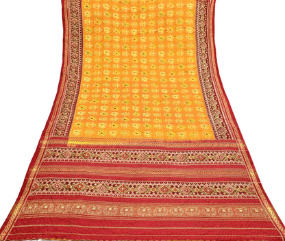 Indian Vintage Saffron & Red Pure Silk Saree Hand Embroidered Woven Ikat Patola Sari Fabric 5Yard Craft Ethnic Premium Saree Zari