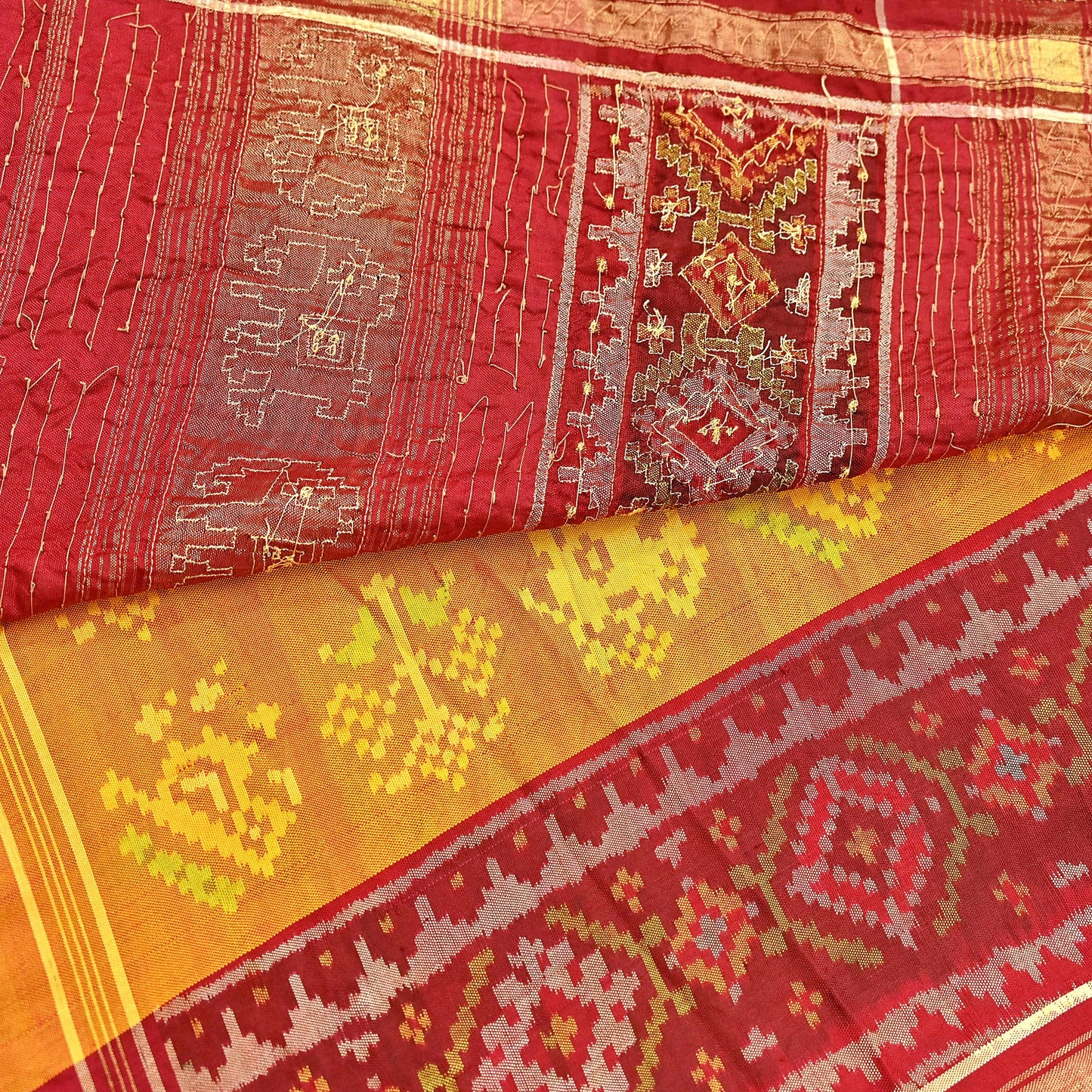 Indian Vintage Saffron & Red Pure Silk Saree Hand Embroidered Woven Ikat Patola Sari Fabric 5Yard Craft Ethnic Premium Saree Zari