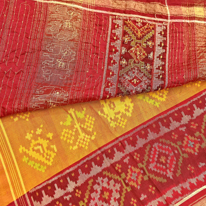 Indian Vintage Saffron & Red Pure Silk Saree Hand Embroidered Woven Ikat Patola Sari Fabric 5Yard Craft Ethnic Premium Saree Zari