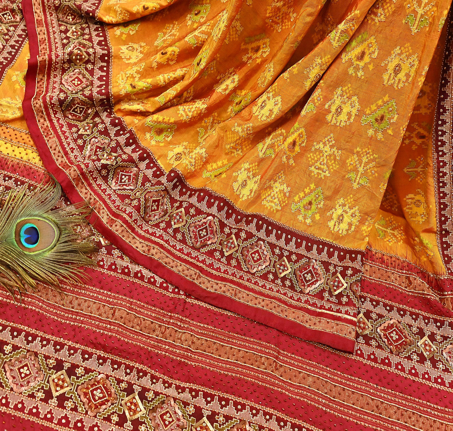 Indian Vintage Saffron & Red Pure Silk Saree Hand Embroidered Woven Ikat Patola Sari Fabric 5Yard Craft Ethnic Premium Saree Zari