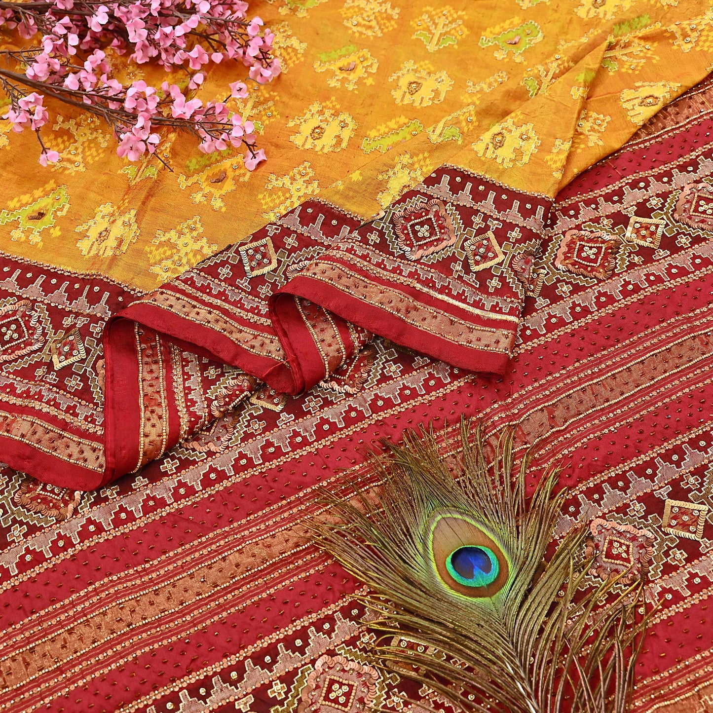 Indian Vintage Saffron & Red Pure Silk Saree Hand Embroidered Woven Ikat Patola Sari Fabric 5Yard Craft Ethnic Premium Saree Zari