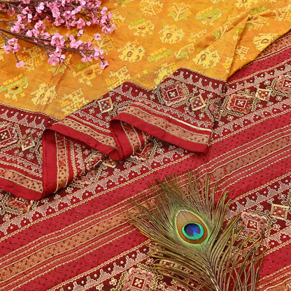 Indian Vintage Saffron & Red Pure Silk Saree Hand Embroidered Woven Ikat Patola Sari Fabric 5Yard Craft Ethnic Premium Saree Zari