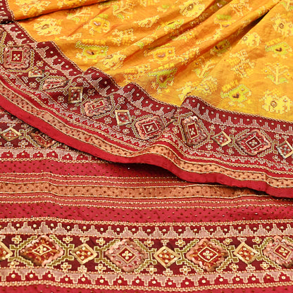 Indian Vintage Saffron & Red Pure Silk Saree Hand Embroidered Woven Ikat Patola Sari Fabric 5Yard Craft Ethnic Premium Saree Zari