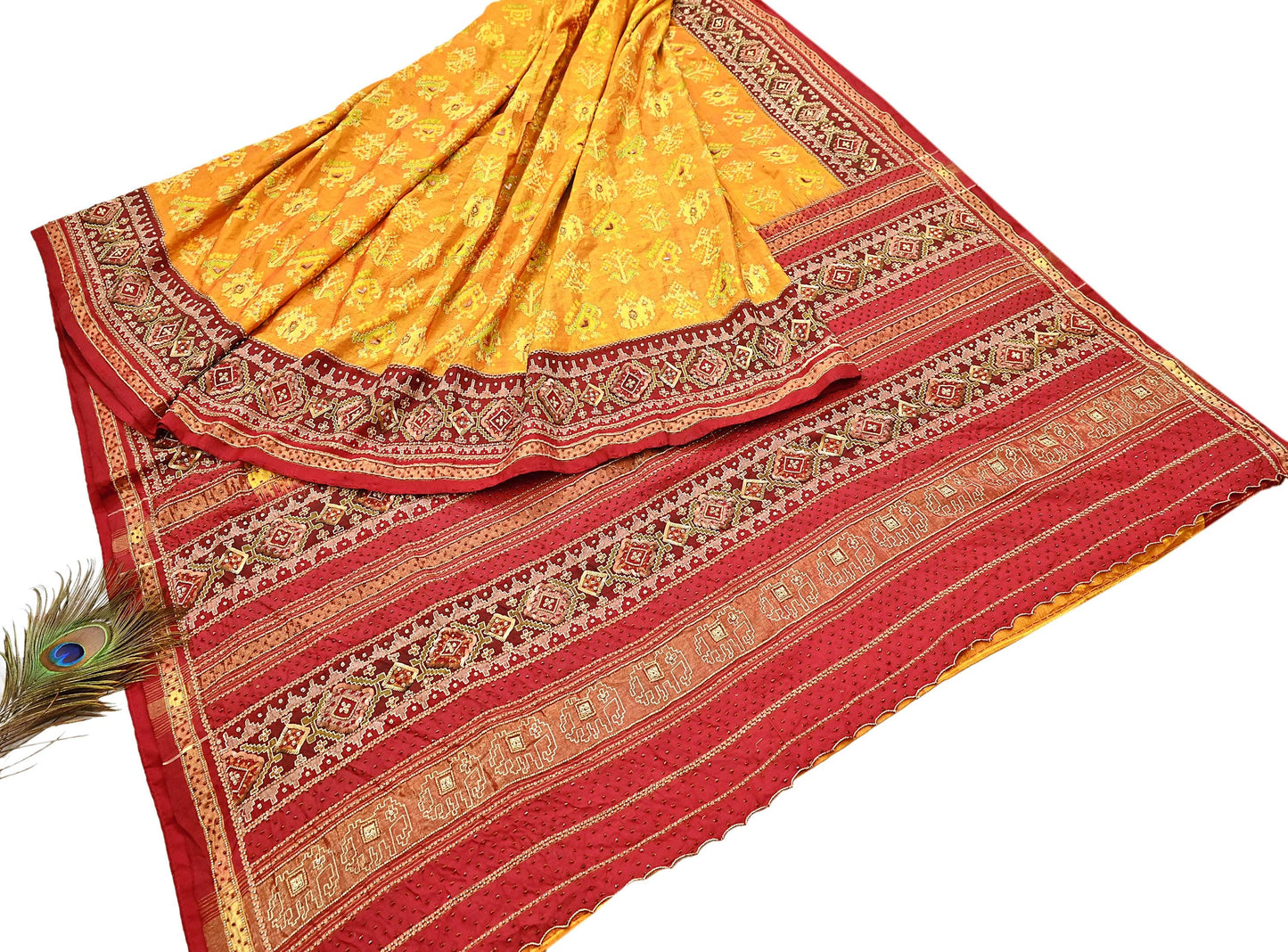 Indian Vintage Saffron & Red Pure Silk Saree Hand Embroidered Woven Ikat Patola Sari Fabric 5Yard Craft Ethnic Premium Saree Zari